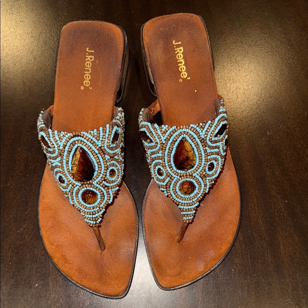 J.Renee Blue and Brown Beaded Sandals